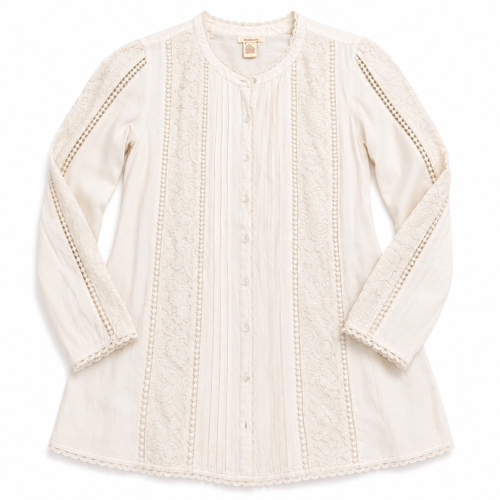 Sundance Cream Lace Pintuck Tunic Blouse Boho Rayon Off White Size XS